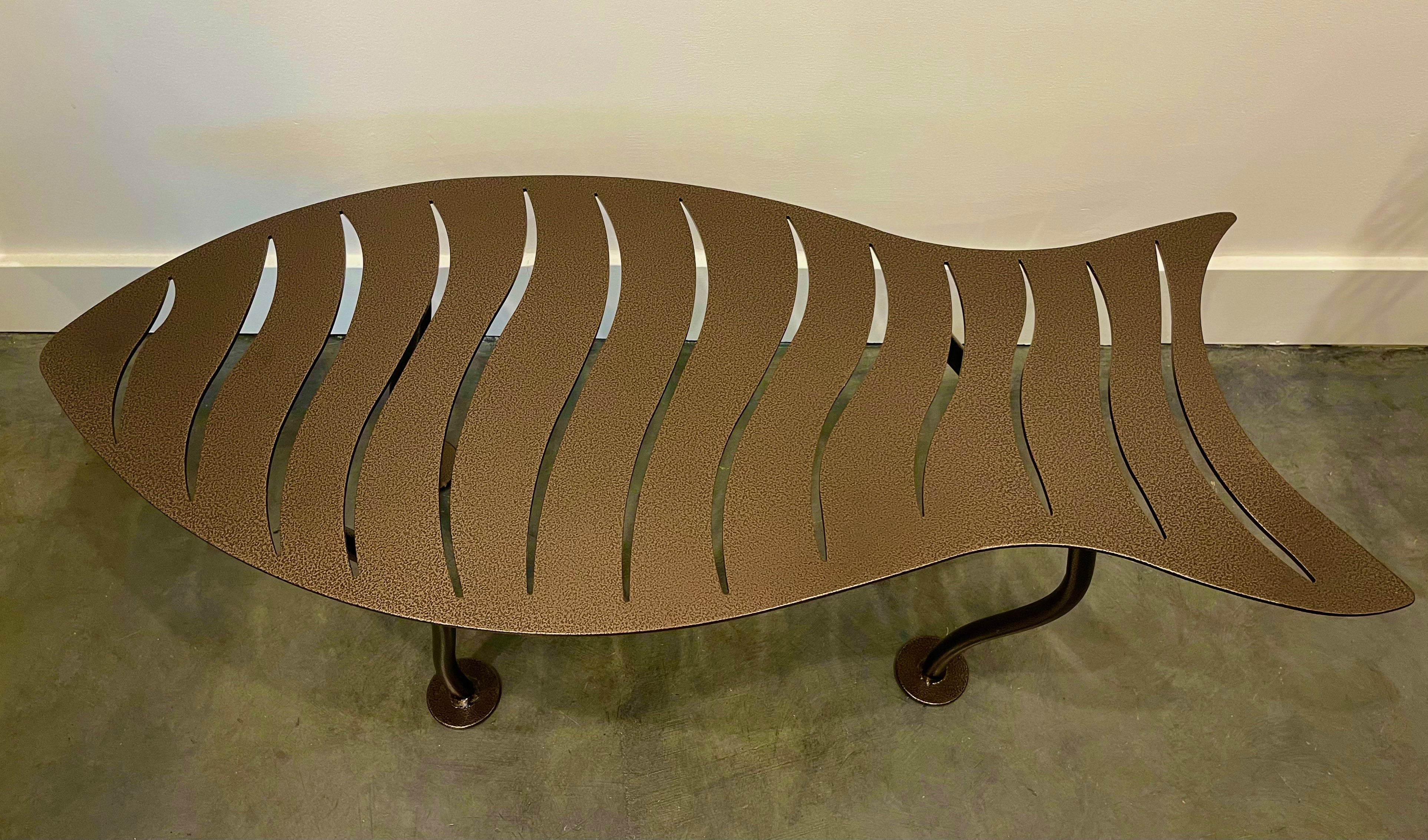 Dancing Fish Coffee Table (Bronze, indoor/outdoor)- cut, welded & bent steel, powder-coat finish/ 43”L x 18” W x 15”H, photo 3 of 4
