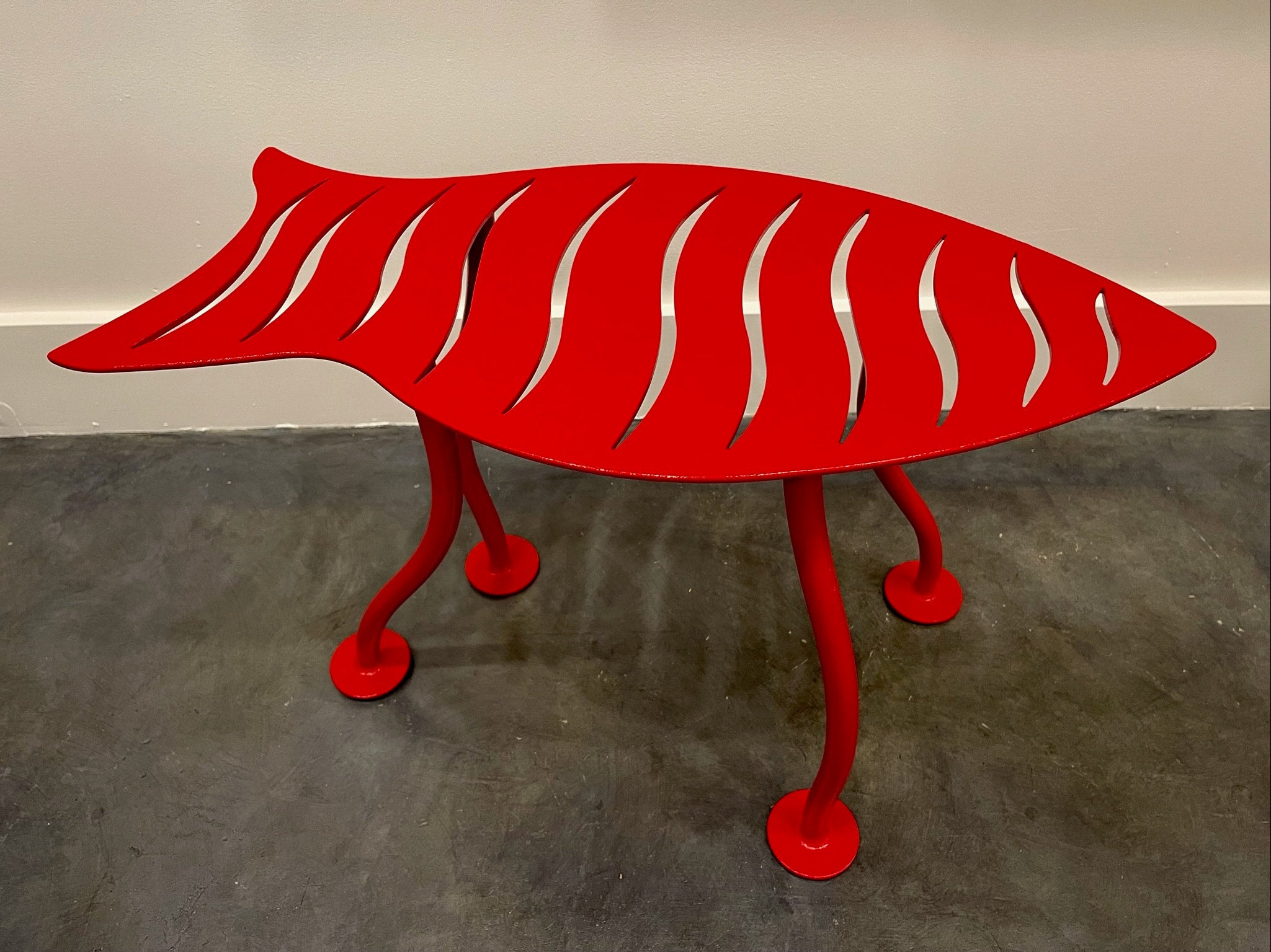 Dancing Fish Side Table (Red, indoor/outdoor) - cut, bent & welded steel, powder-coat finish/ 26”L x 12”W x 18”H, photo 2 of 2
